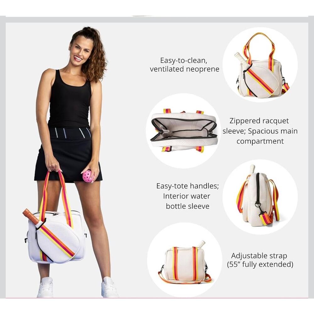 Kedzie Pickleball Tote Bag Stylish Neoprene White Orange Adjustable Crossbody - Picture 3 of 9